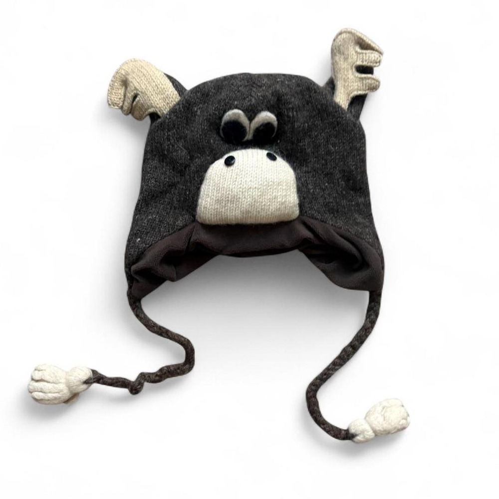 Vintage Brown Wool Moose Animal Earflap Hat Antlers Winter Beanie Women